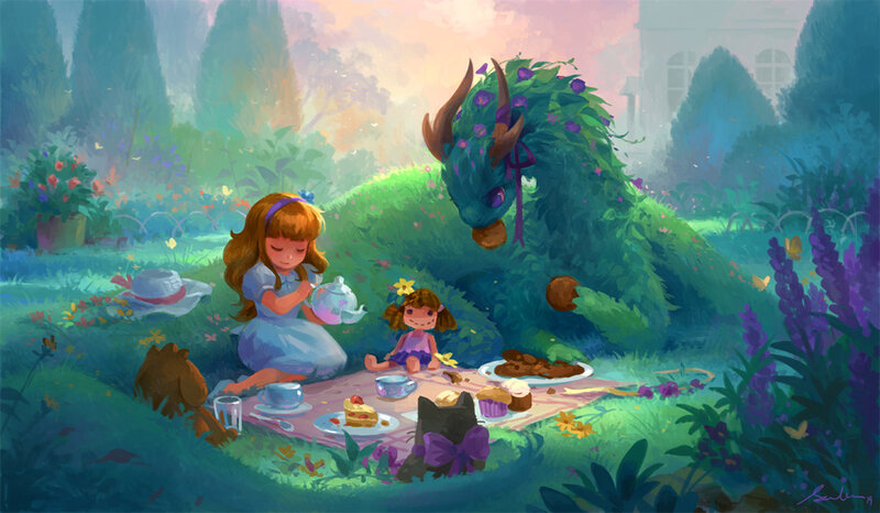 Girl Having Tea with Dragon