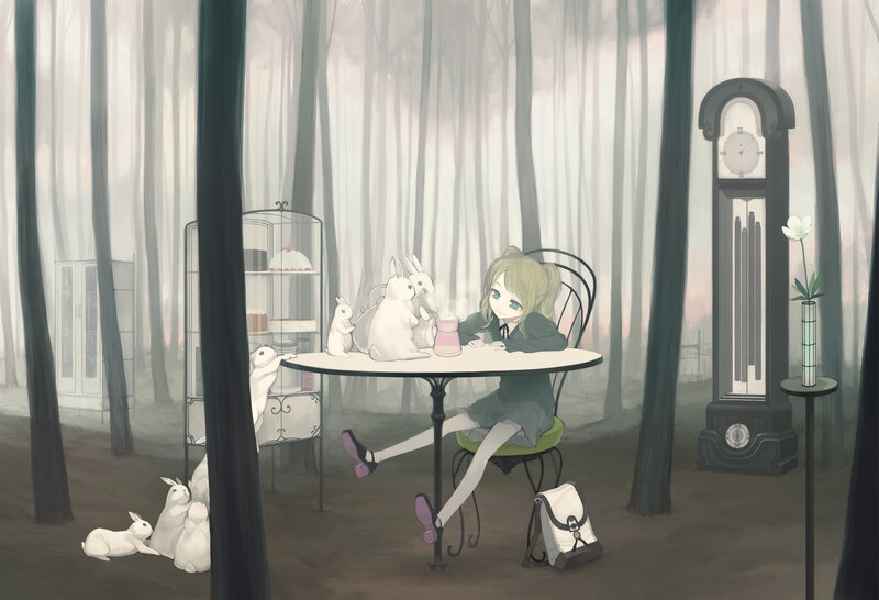 Girl Having Tea with Rabbits — Gray
