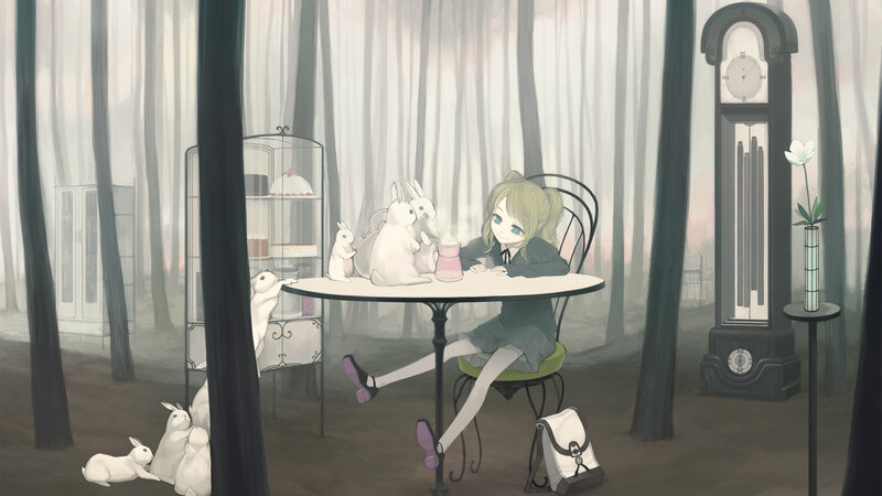girl having tea with rabbits