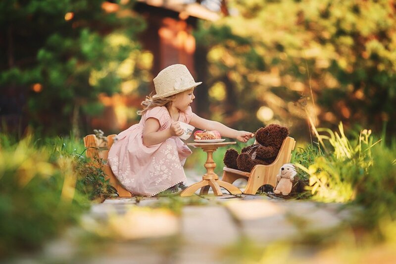 Girl Having Tea with Teddy Bear — Green