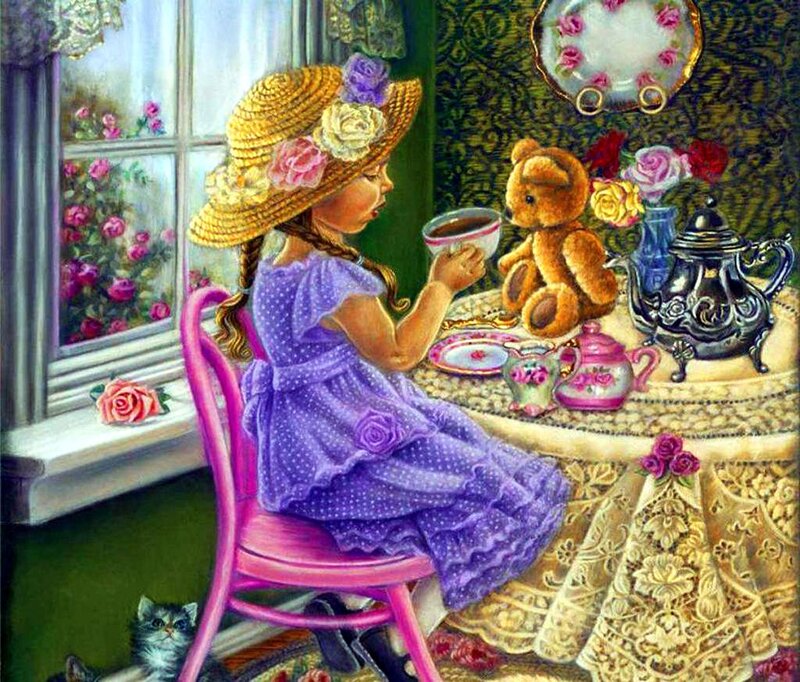 Girl Having Tea with Teddy Bear — Purple