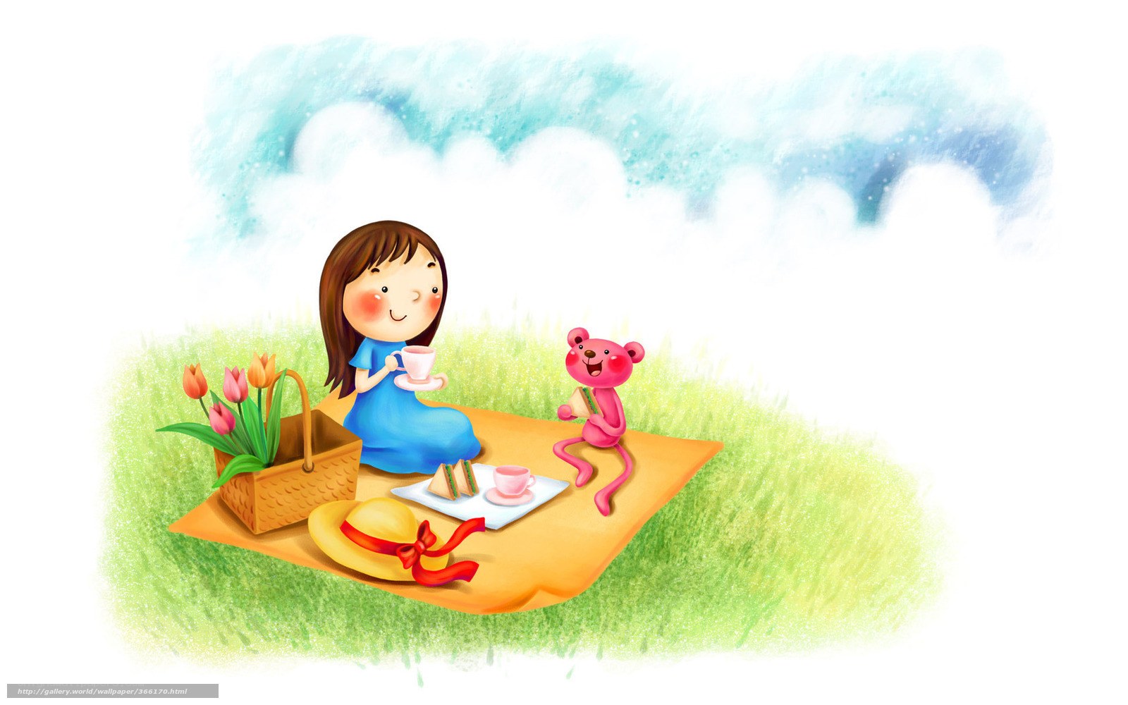 Girl having tea with teddy bear
