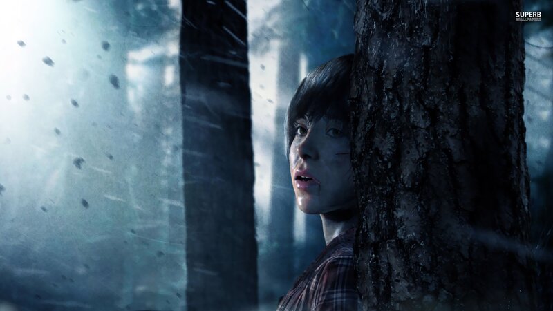 girl hiding in snowy forest