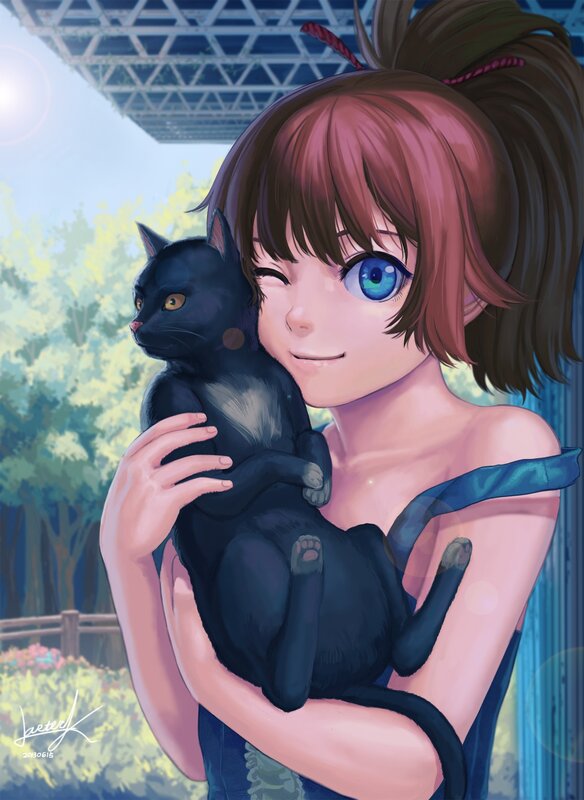 Girl holding a black cat