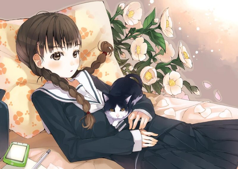 Girl Holding a Cat — Black, Serene