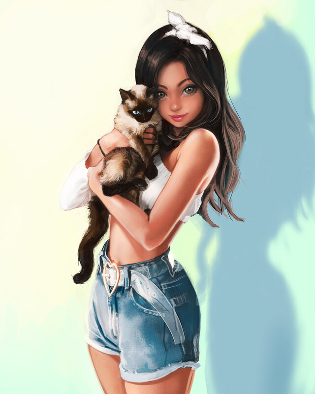 Girl Holding a Cat — Blue, Calm, Afternoon, Digital Art, White Bow