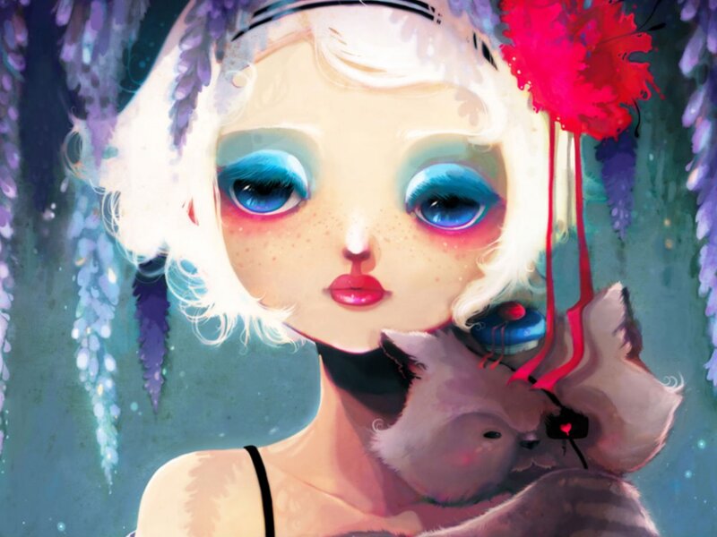 Girl Holding a Cat — White, Dreamy