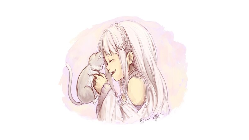 Girl Holding a Cat — White, Serene, Digital Art