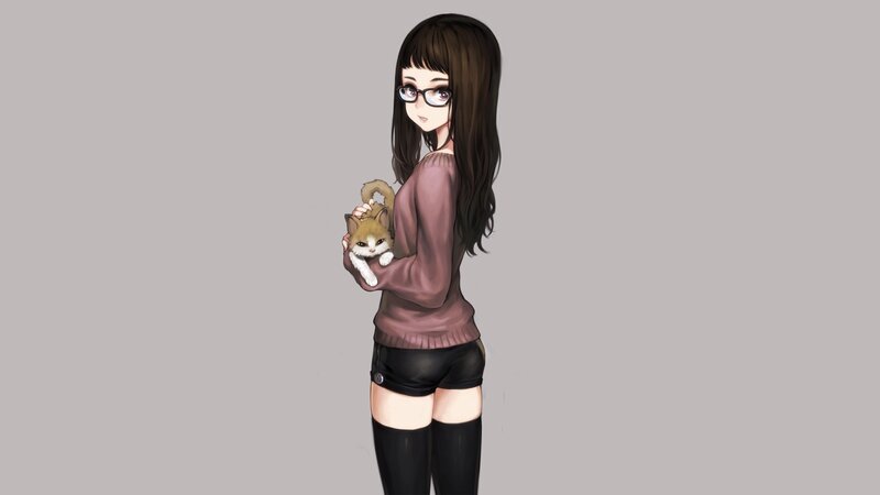 Girl Holding a Kitten — Gray