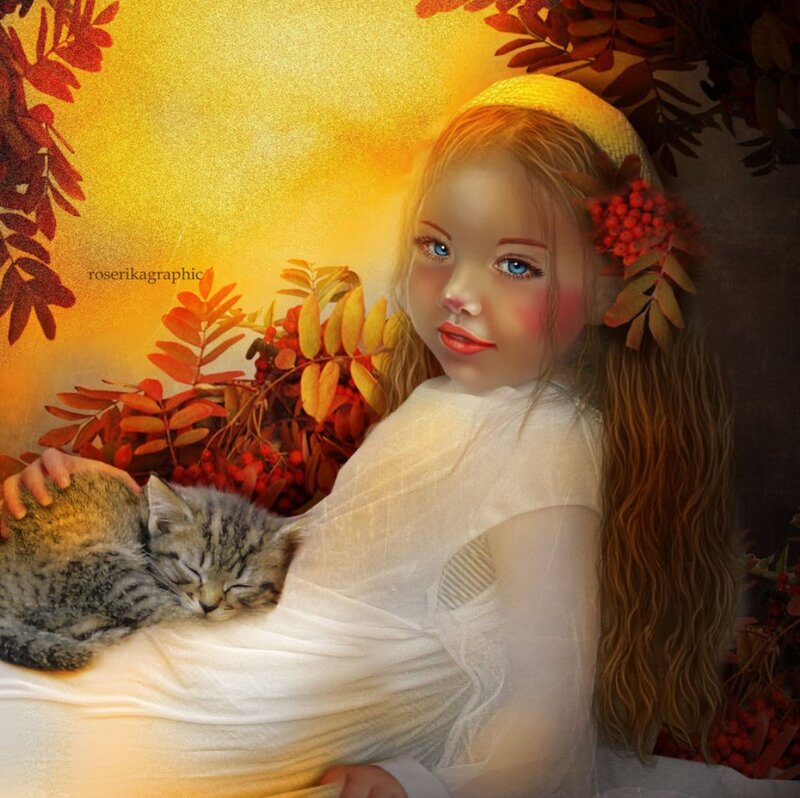 Girl Holding a Kitten — Yellow, Serene