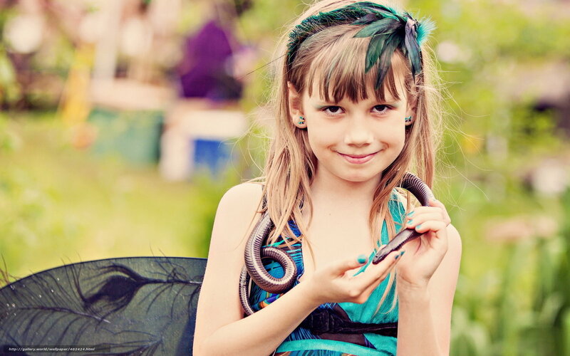 Girl Holding a Snake — Green, Playful
