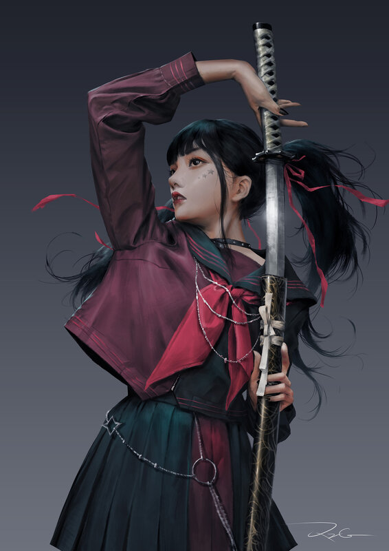 Girl Holding a Sword — Black, Dramatic