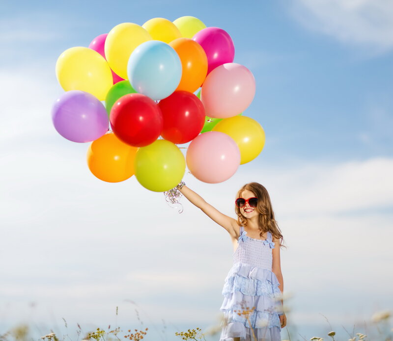 Girl Holding Balloons — Blue, Happy