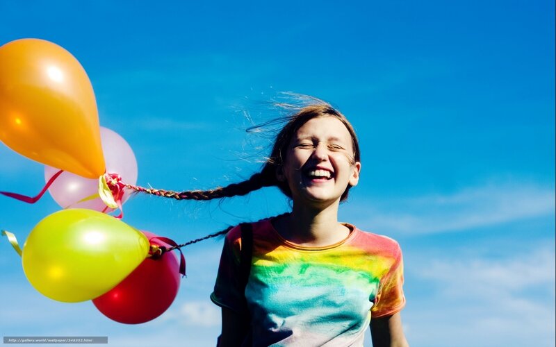 Girl Holding Balloons — Blue, Joyful