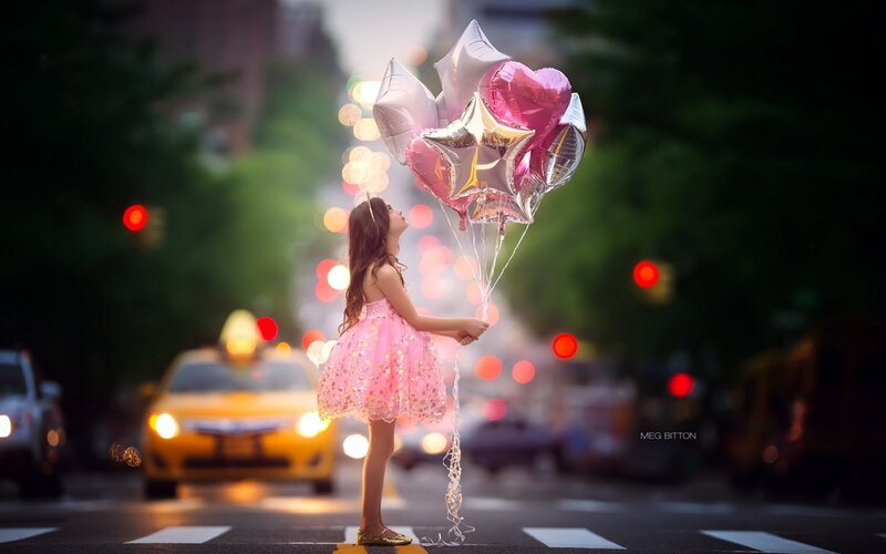 Girl Holding Balloons — Pink, Dreamy