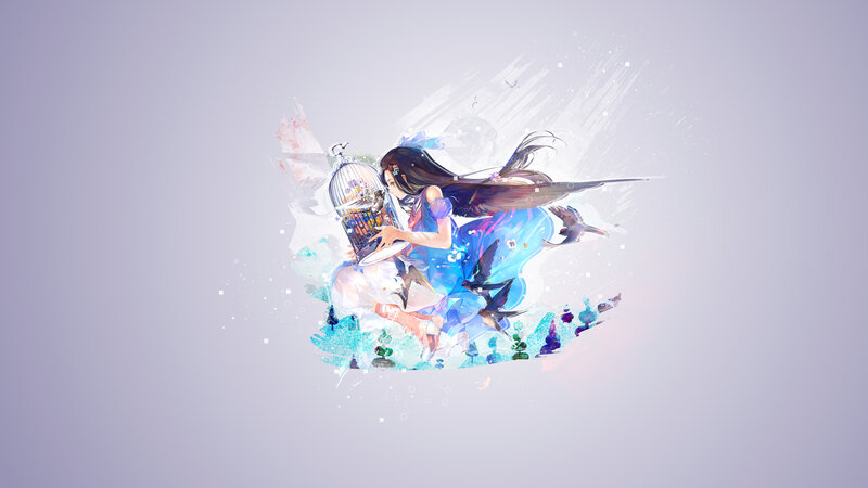 Girl Holding Birdcage — Blue, Dreamy