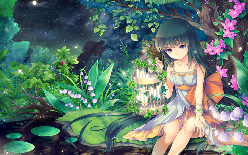 Girl Holding Birdcage — Green, Serene