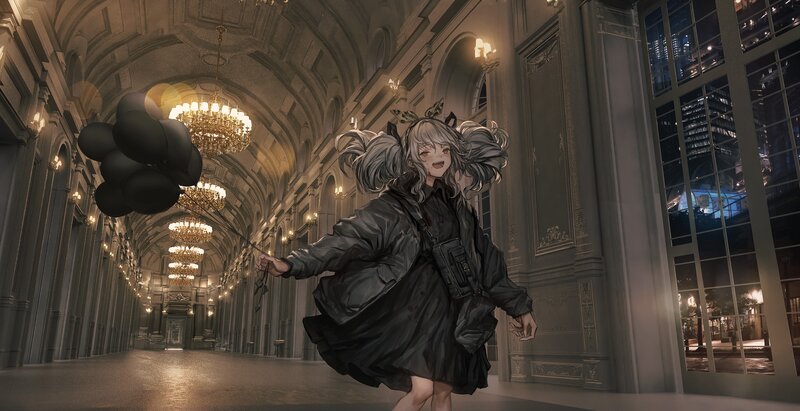 Girl Holding Black Balloons