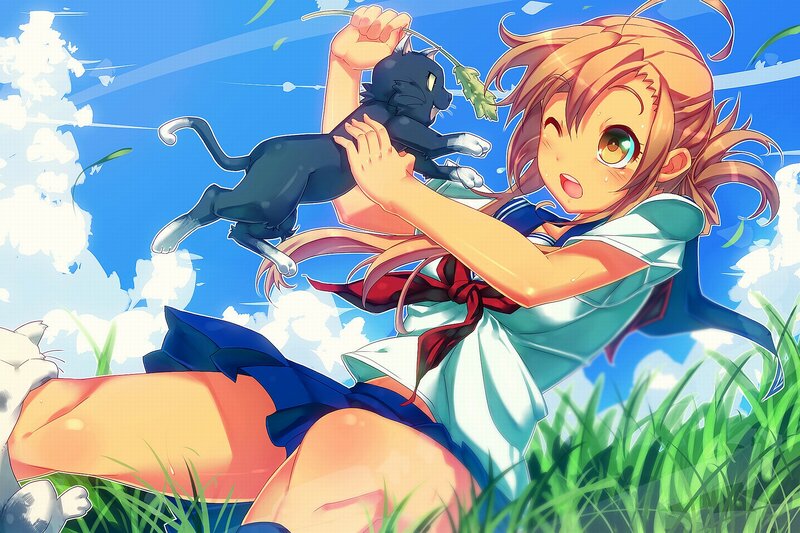 Girl Holding Black Cat — Blue