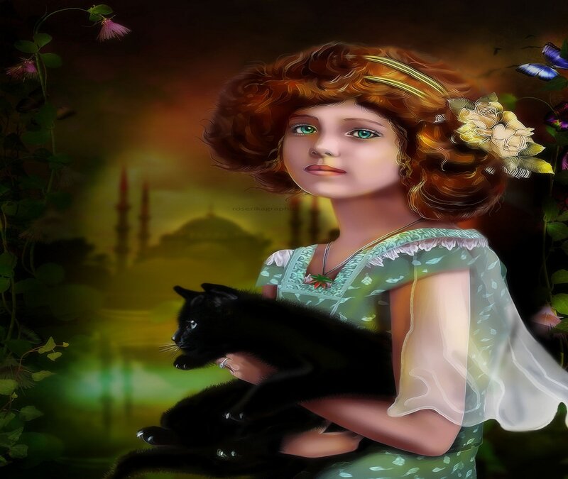Girl Holding Black Cat — Green