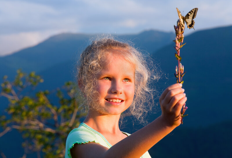 Girl Holding Butterfly — Blue, Serene