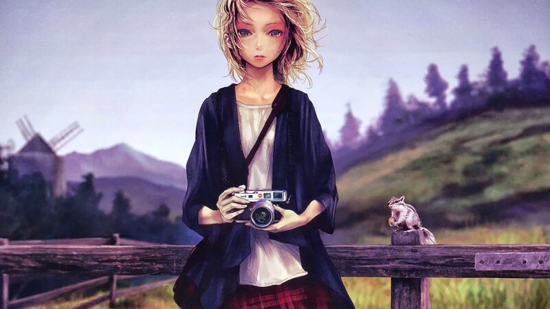 Girl Holding Camera — Purple, Serene
