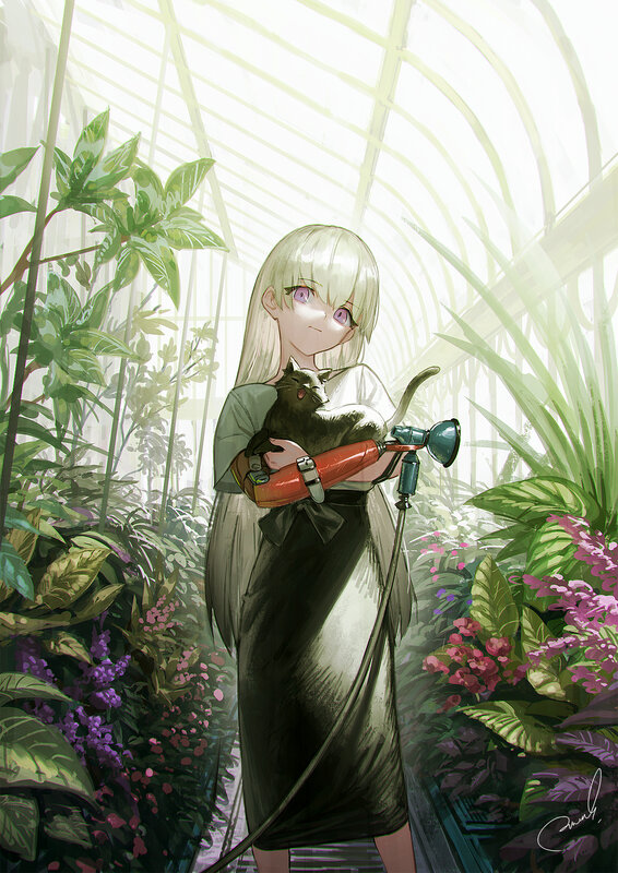 Girl Holding Cat in Greenhouse