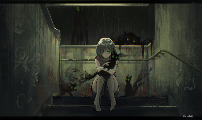 Girl Holding Cat on Stairs