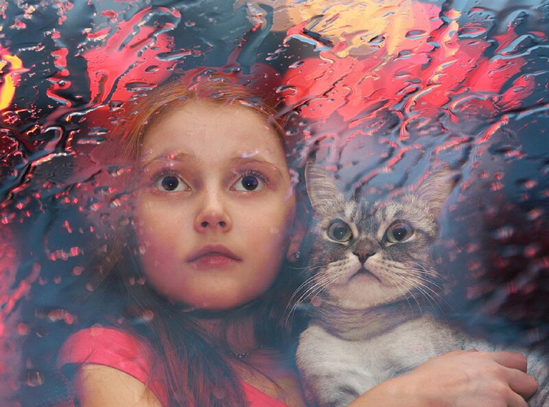 Girl Holding Cat — Red