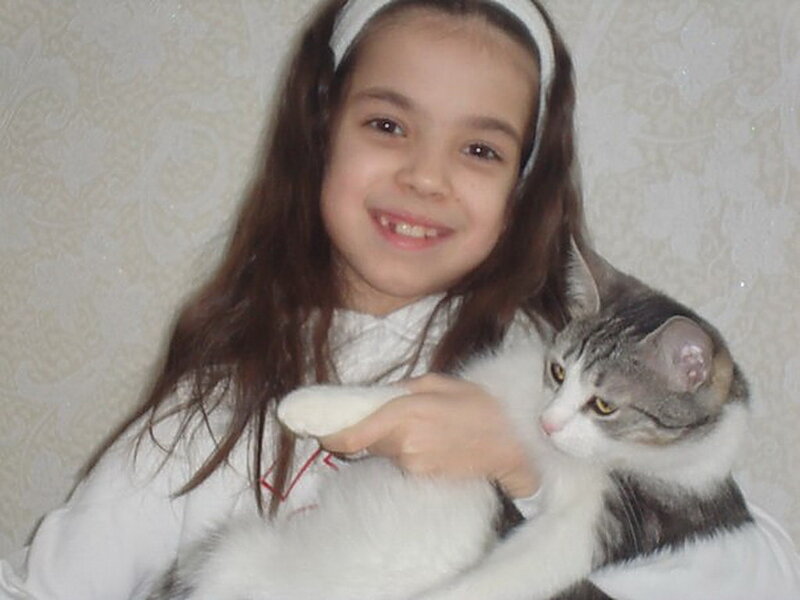 Girl Holding Cat — White, Happy