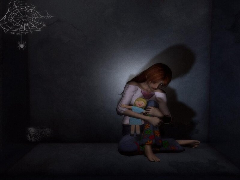 Girl Holding Doll in Dark Room