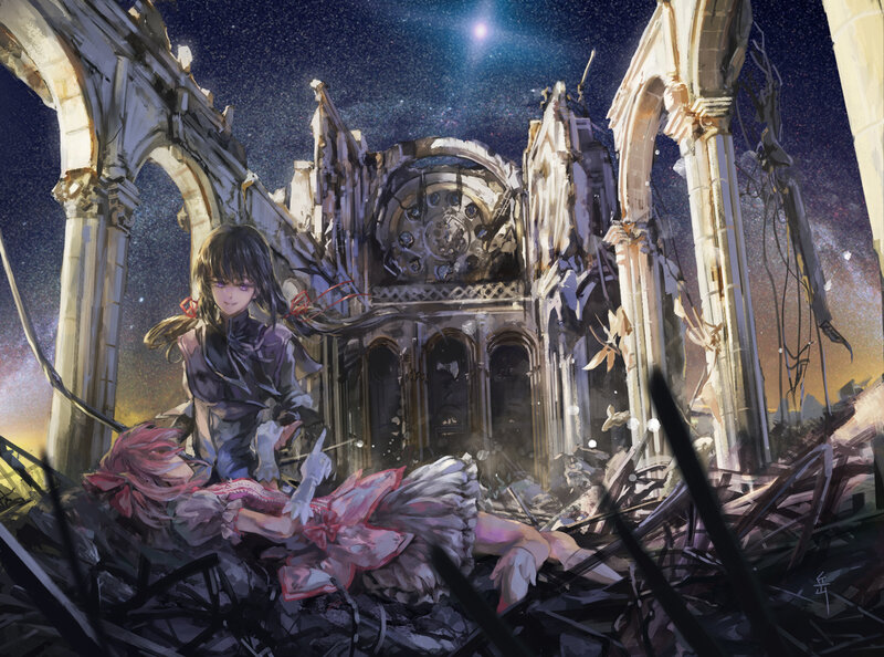 Girl Holding Doll in Ruins