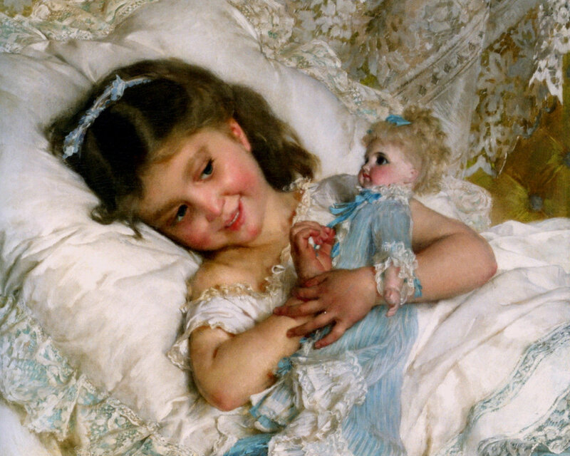 Girl Holding Doll — White, Peaceful