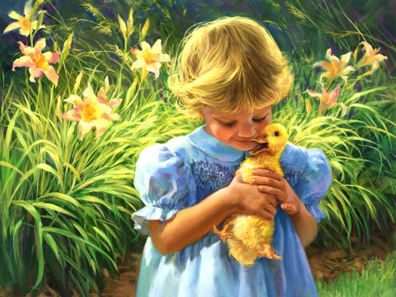 Girl Holding Duckling — Blue