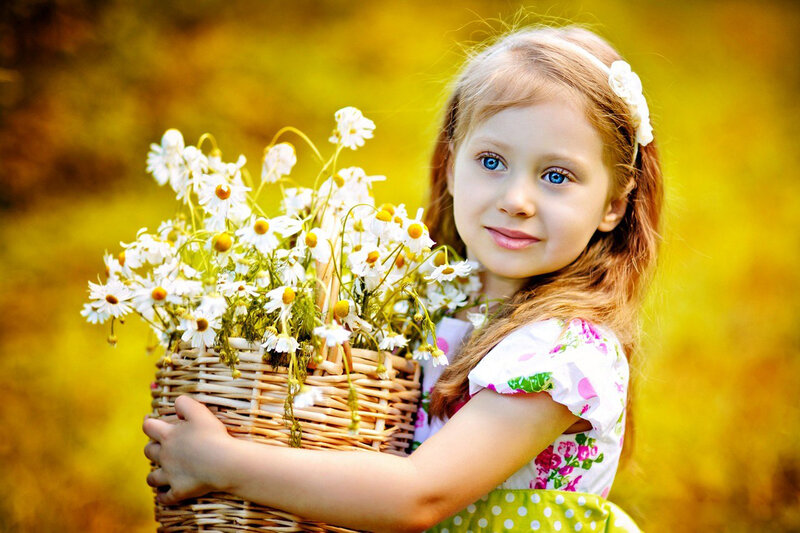 Girl Holding Flower Basket — Yellow