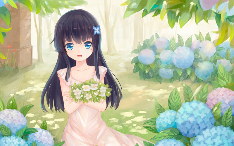 Girl Holding Flowers — Blue, Serene, Spring, Anime
