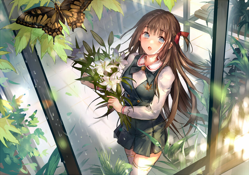 Girl Holding Flowers — Green, Serene, Afternoon, Anime