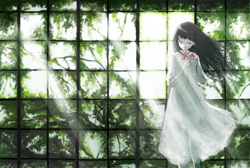 Girl Holding Flowers — Green, Serene, Afternoon, Digital Art