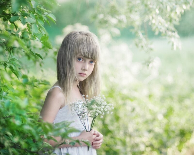 Girl Holding Flowers — Green, Serene, Morning