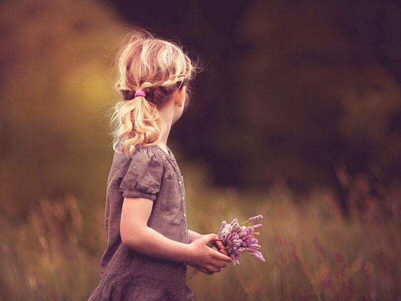 Girl Holding Flowers — Purple, Serene, Afternoon