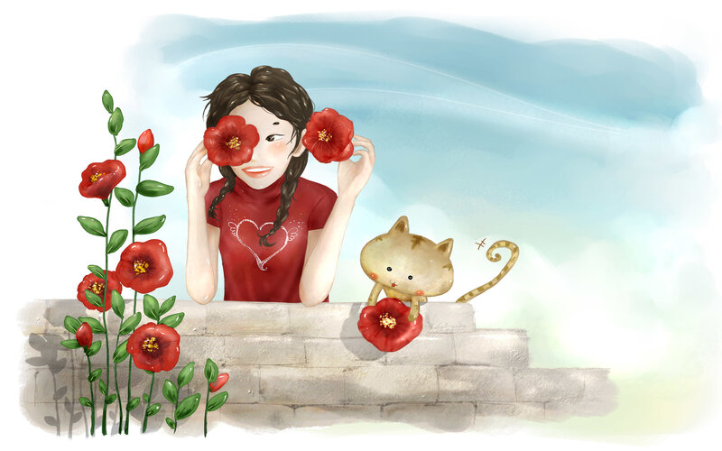 Girl Holding Flowers — Red