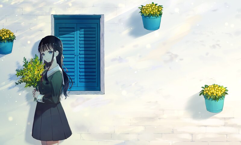 Girl Holding Flowers — White, Serene, Afternoon, Anime, Window
