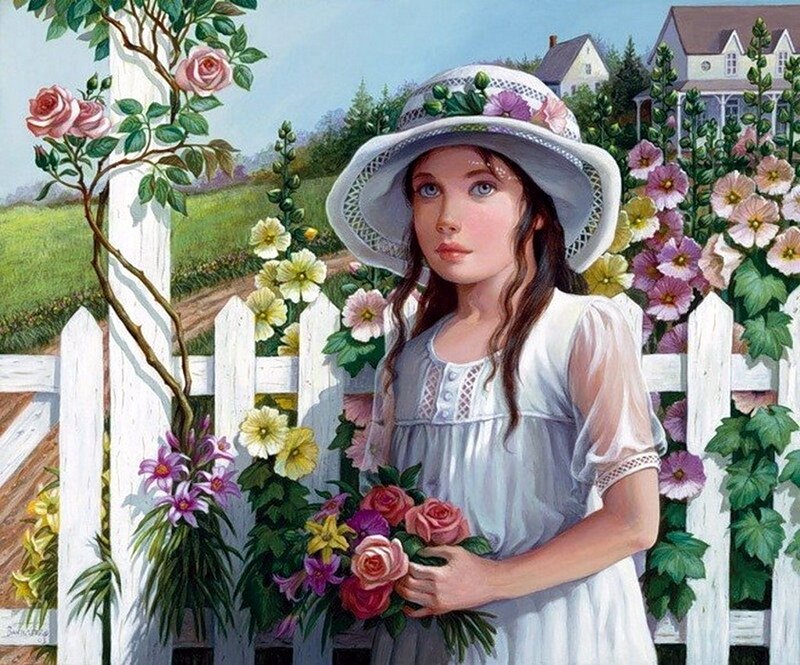 Girl Holding Flowers — White, Serene, Afternoon, Painting