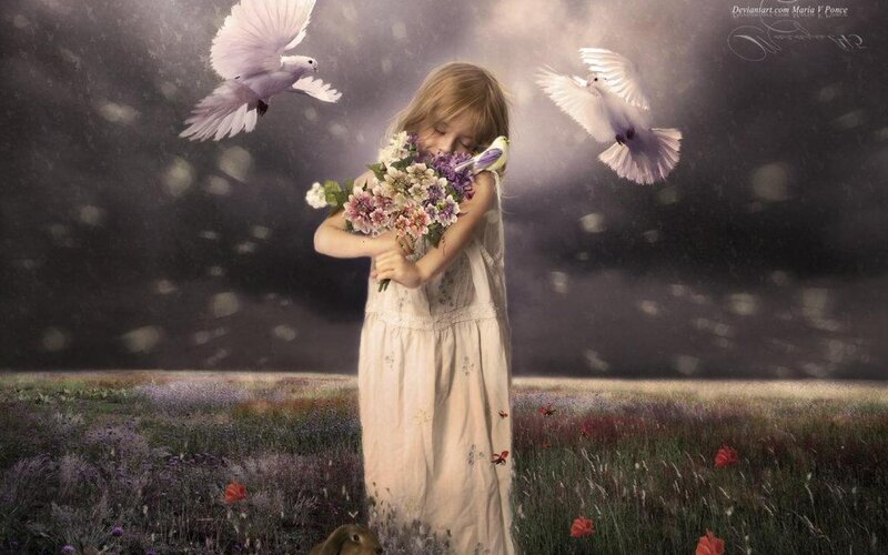 Girl Holding Flowers — White, Serene, Night