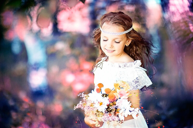 Girl Holding Flowers — White, Serene, Spring