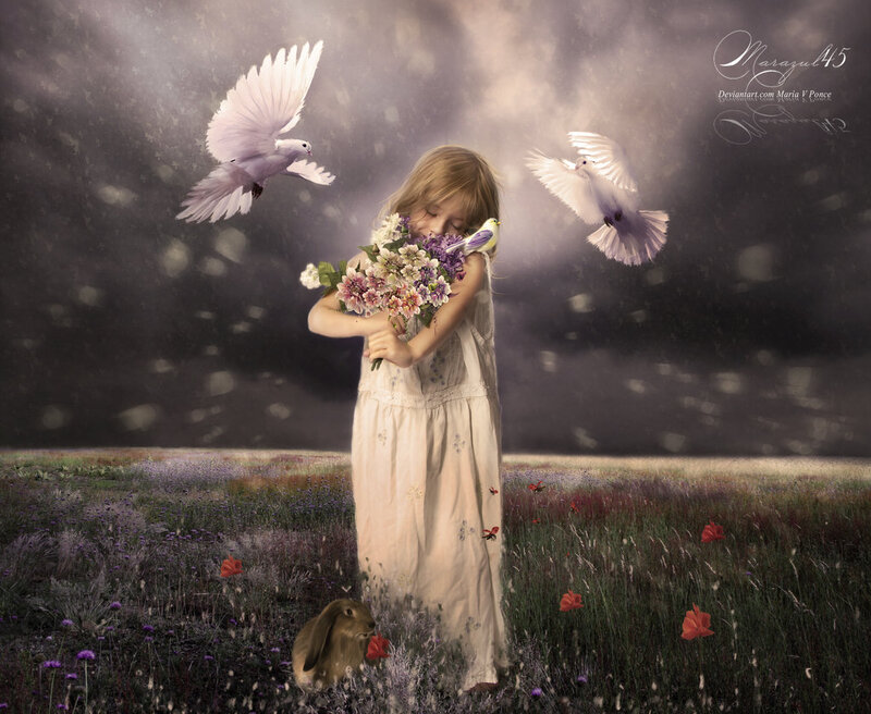 Girl Holding Flowers — White, Serene