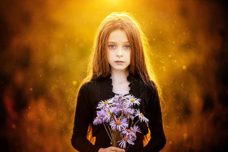 Girl Holding Flowers — Yellow, Dramatic