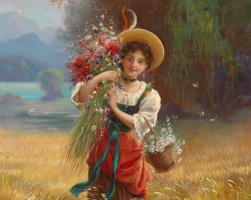 Girl Holding Flowers — Yellow, Serene