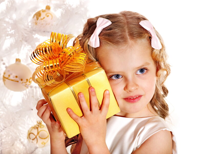 Girl Holding Gift Box — Gold