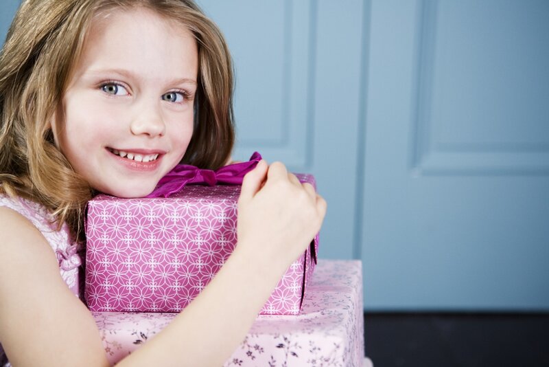 Girl Holding Gift Box — Pink, Happy